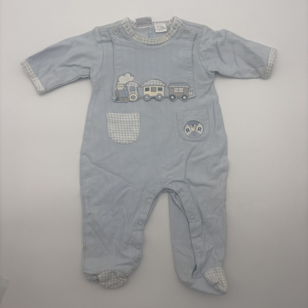 Vintage Honors Baby Coverall Boys 0-3 Months Blue‎ Herringbone Train One Piece